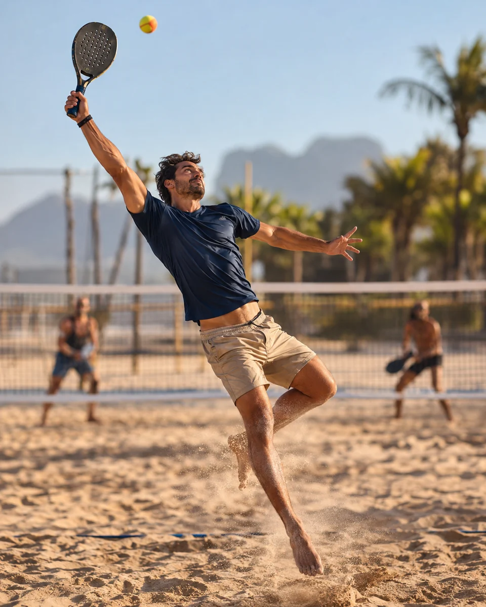 Atleta de beach tennis realizando uma jogada; imagem gerada por IA