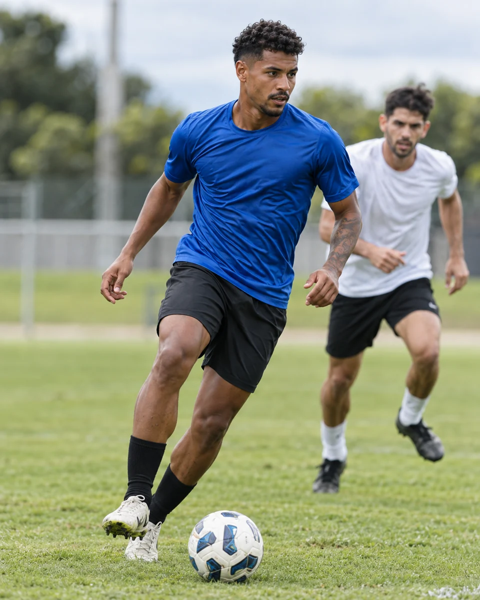 Jogador de futebol conduzindo a bola; imagem gerada por IA